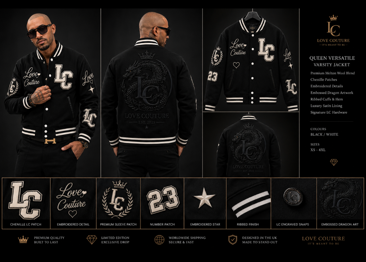 Love Couture “Queen Versatile” Varsity Jacket (Black Edition)